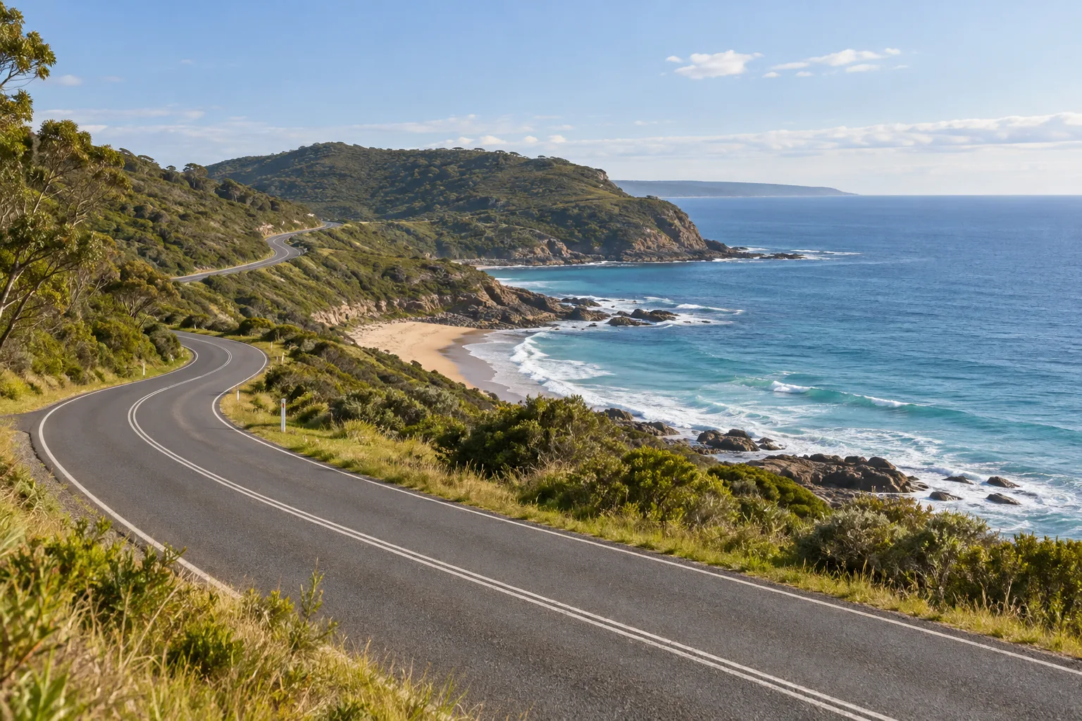Winding coastal road beside green headlands and the ocean