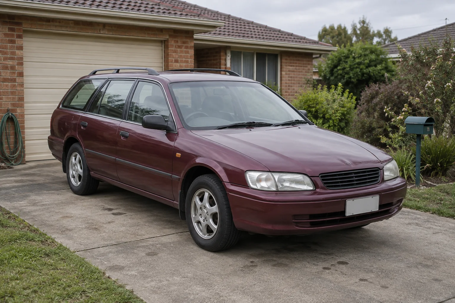 Older burgundy station wagon on a suburban driveway
