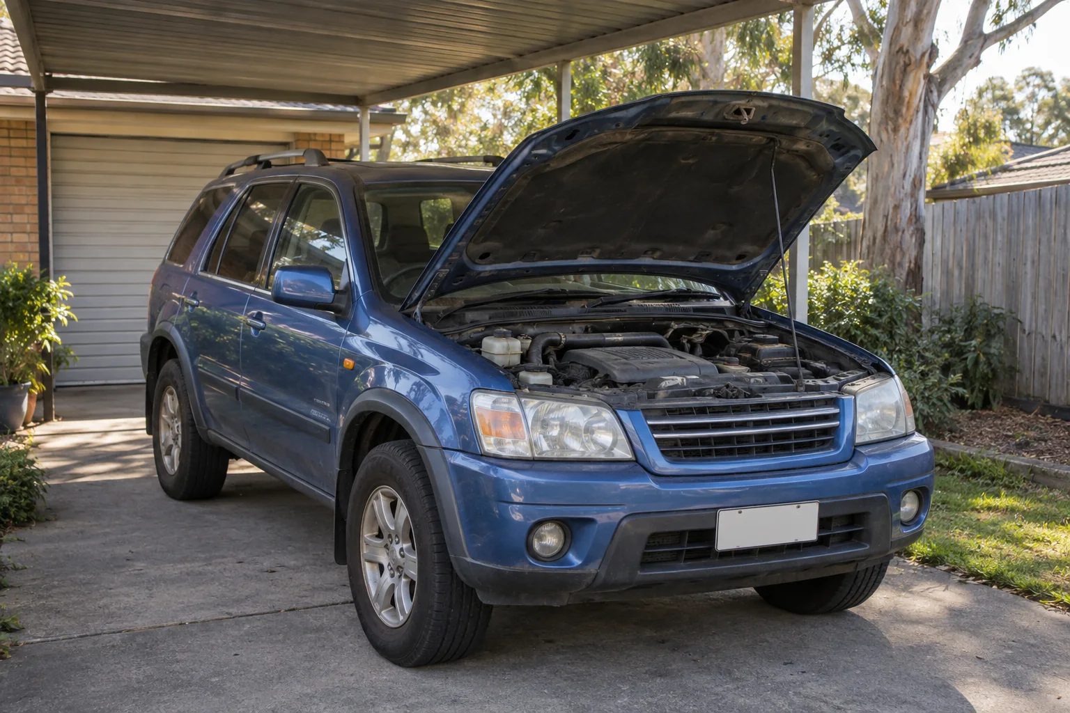 Dark blue SUV parked with its bonnet raised
