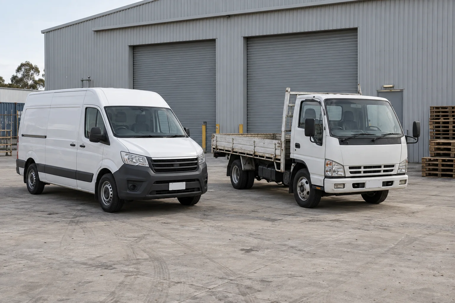 White commercial van and small flatbed truck