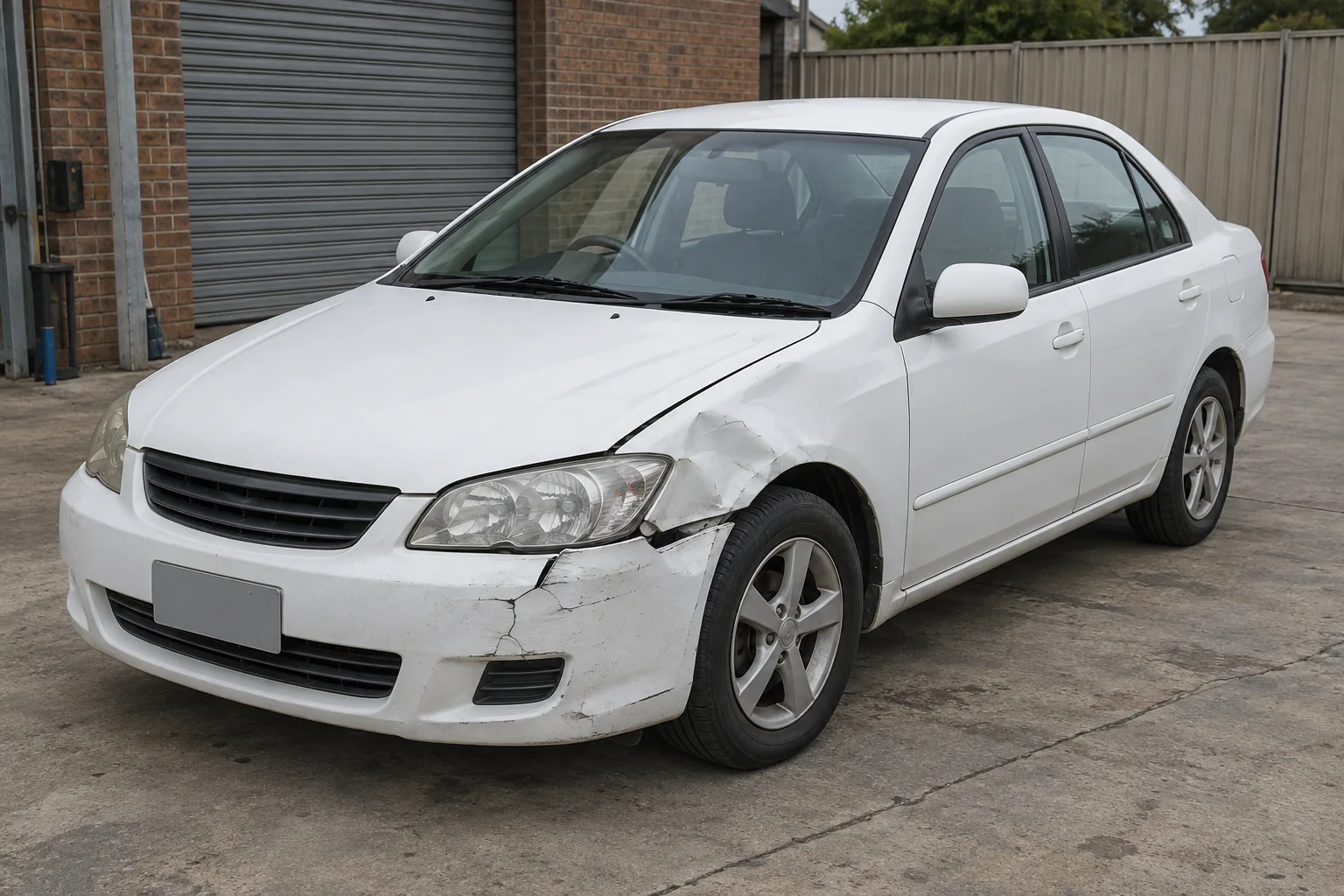 White sedan with visible collision damage