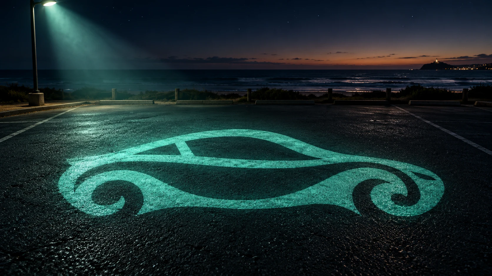 Auto Cash for Cars logo projected onto a seaside car park at night
